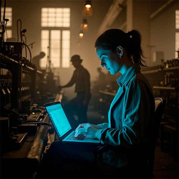 Journalist on laptop in vintage factory